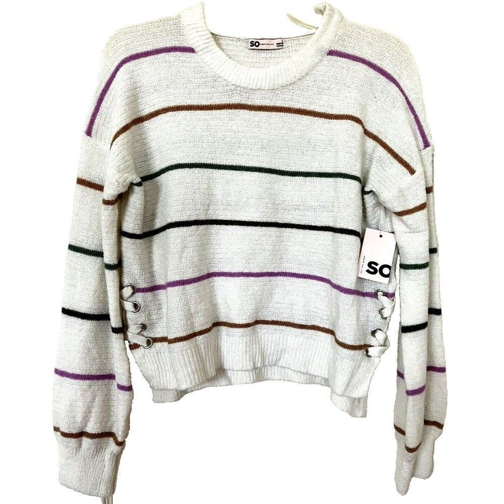 SO sz S Slouch Cropped Ivory White Stripe Grommets Side Tie Laces Knit Top Comfy